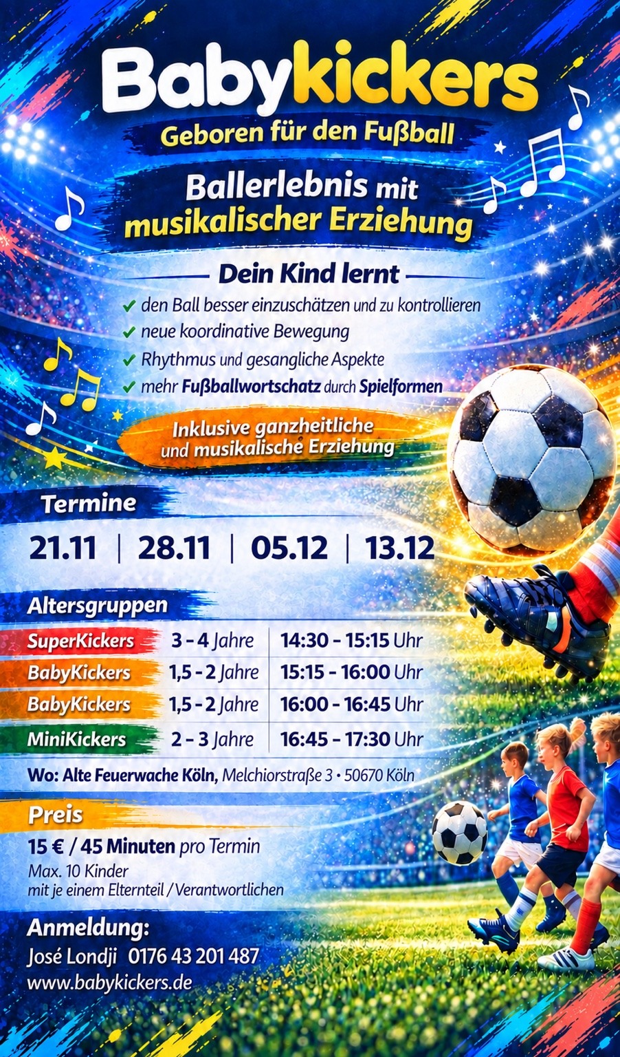 Babykickers-Flyer mit Kurszeiten, Altersgruppen, vier Terminen ohne Jahresangabe und Kontaktinformationen