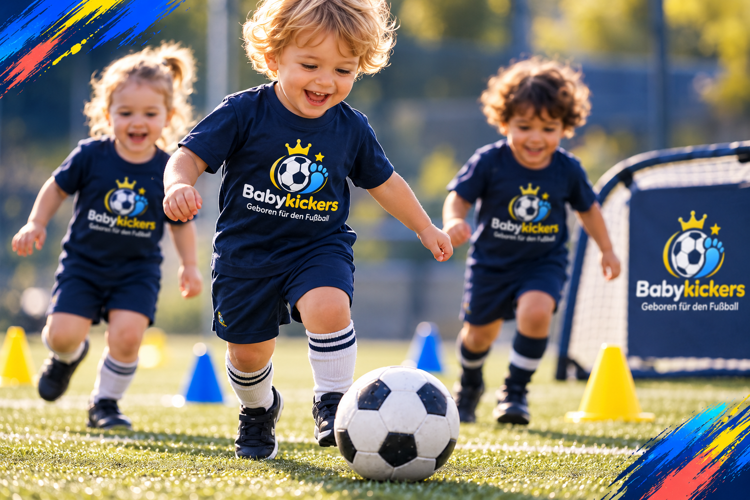 Drei Kinder spielen im goldenen Sonnenlicht mit einem Fußball und tragen Babykickers-Trikots.